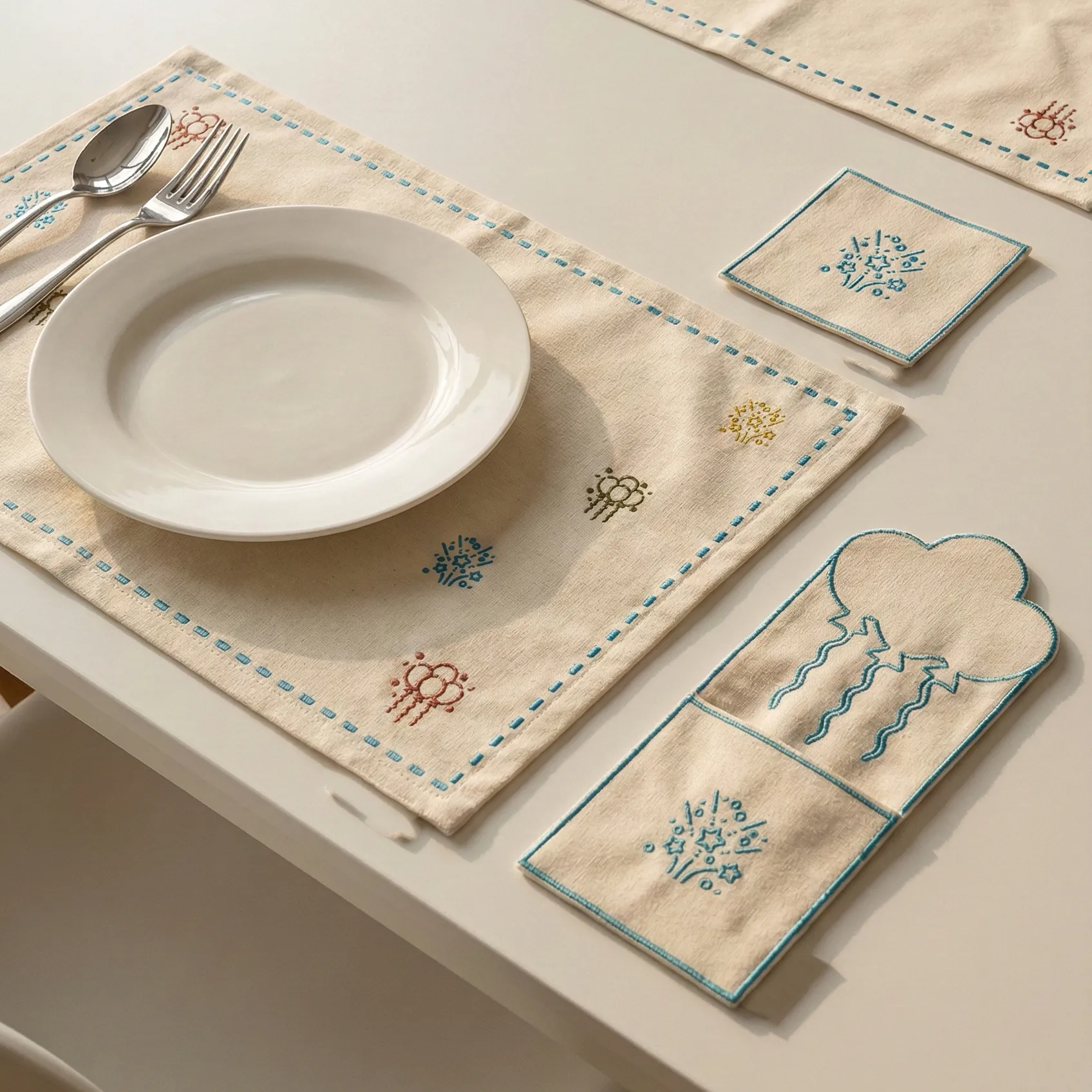 Embroidered Linen Placemat Set – Turquoise Bedouin