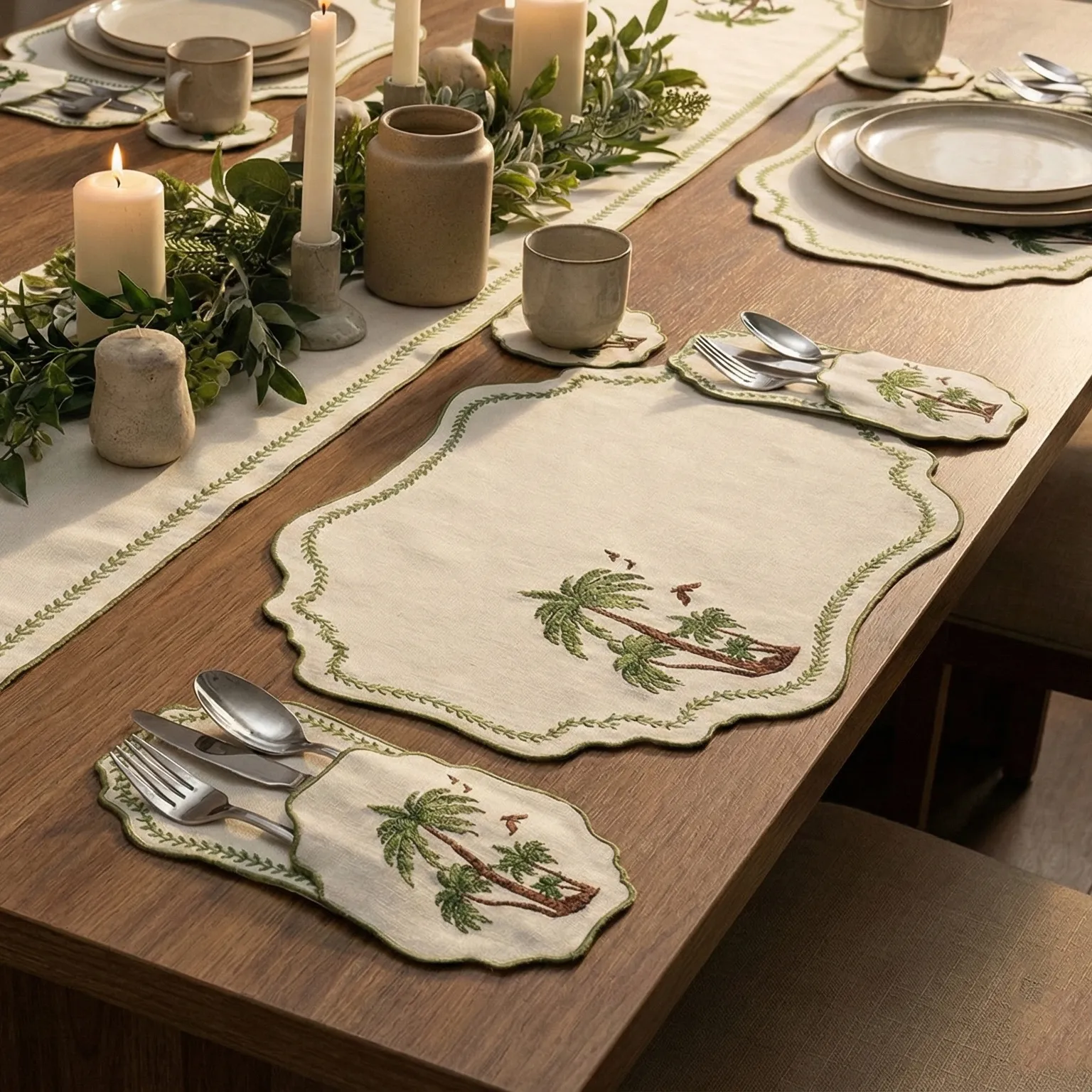 Embroidered Linen Placemat Set – Palm