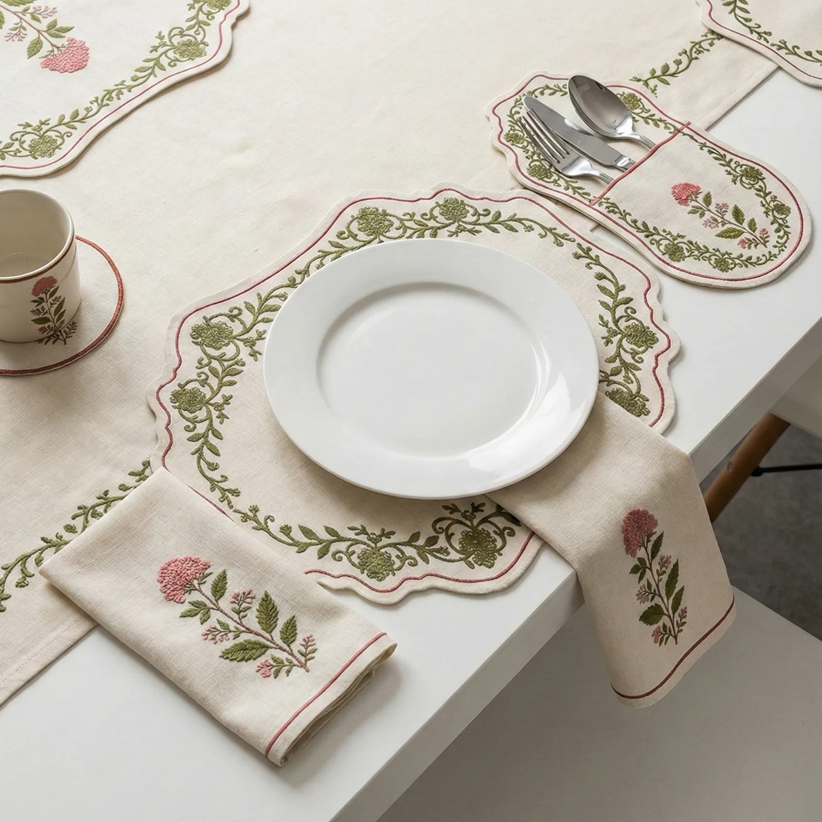 Embroidered Linen Placemat Set – Carnation
